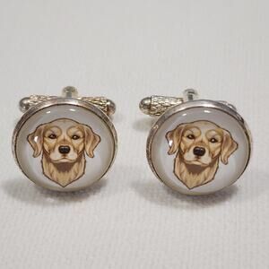 Golden Labrador Retriever Dog Round Bezel Dome Cover Silver Tone Cufflinks Vntg